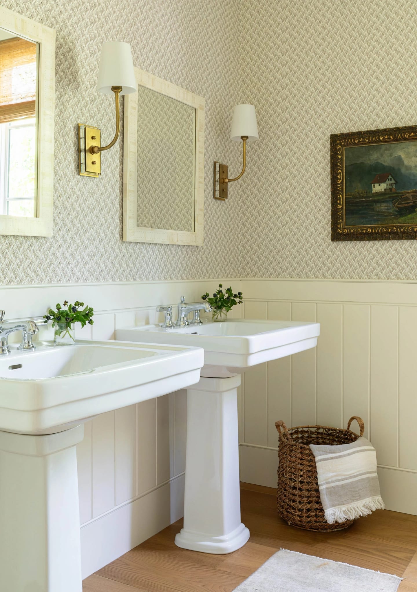 Bath pedestal sinks, Lowcountry Waterfront Home on Spring Island, South Carolina